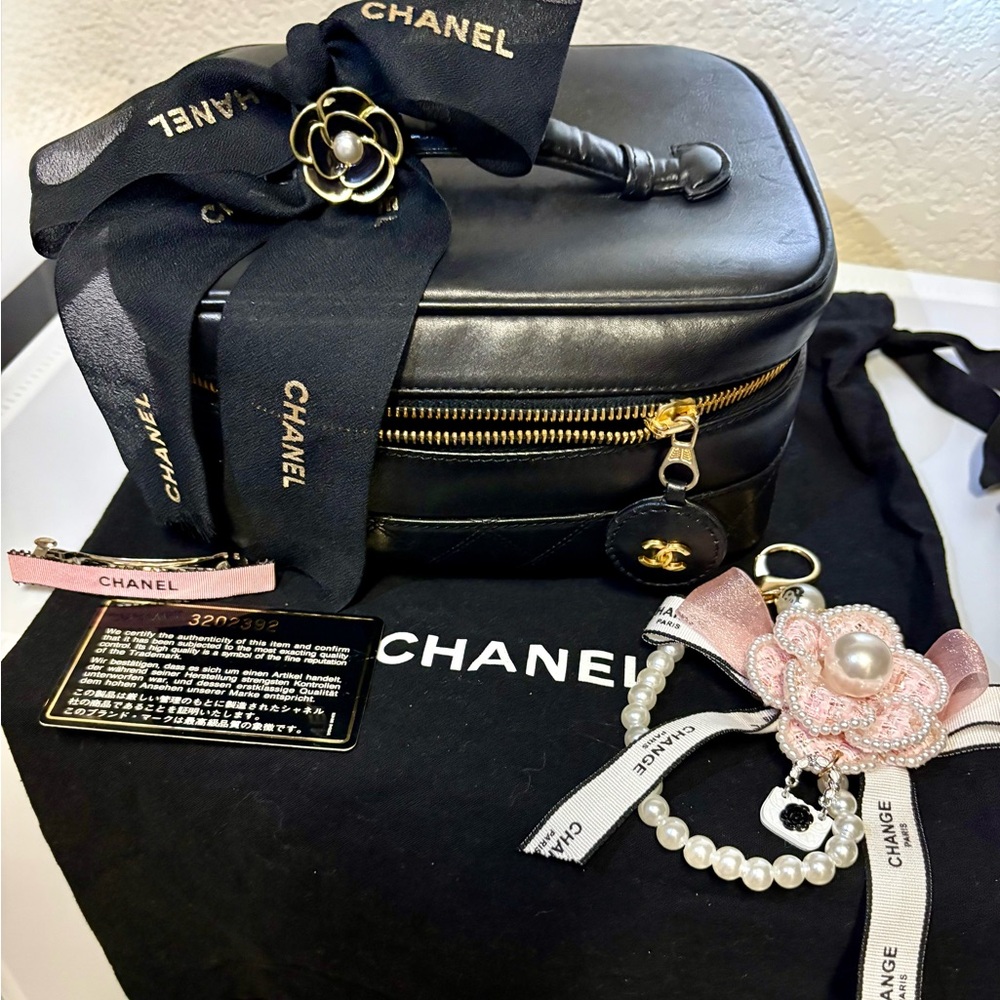 CHANEL Black Leather Cosmetic Case with Gold Hardware and COA